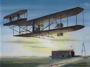 De eerste vlucht op 27 juni 1909 (gouache van Thijs Postma). 